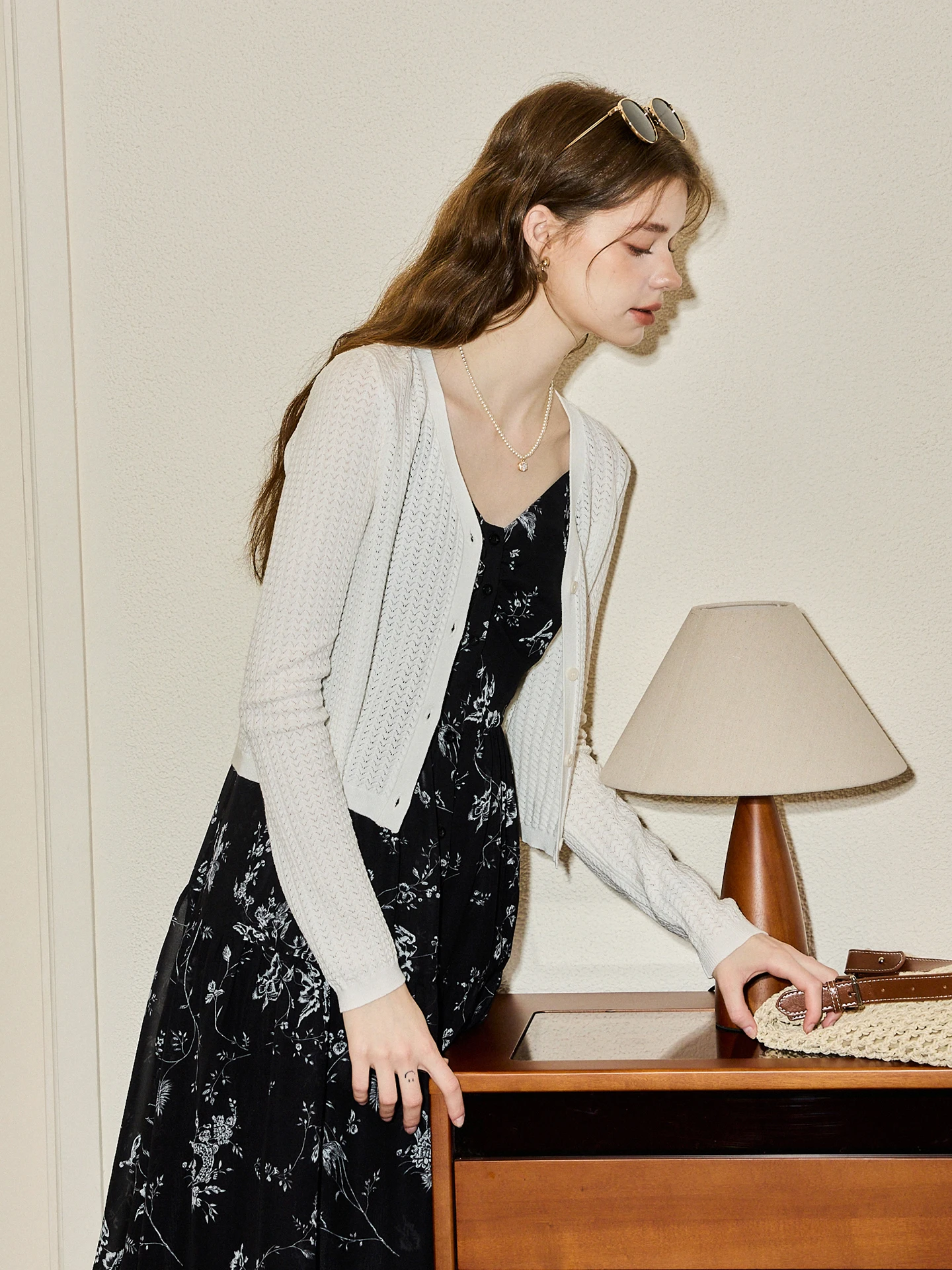 

KUHNMARVIN Summer Wave Pattern Hollow out Knitted Cardigan Women's V-Neck White Soft Long Sleeve Regular Fit Korean Style