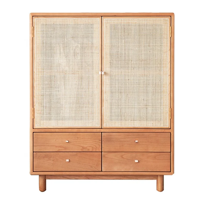 Rattan children's wardrobe home bedroom solid wood single clothes storage cabinet simple two-door small wardrobe