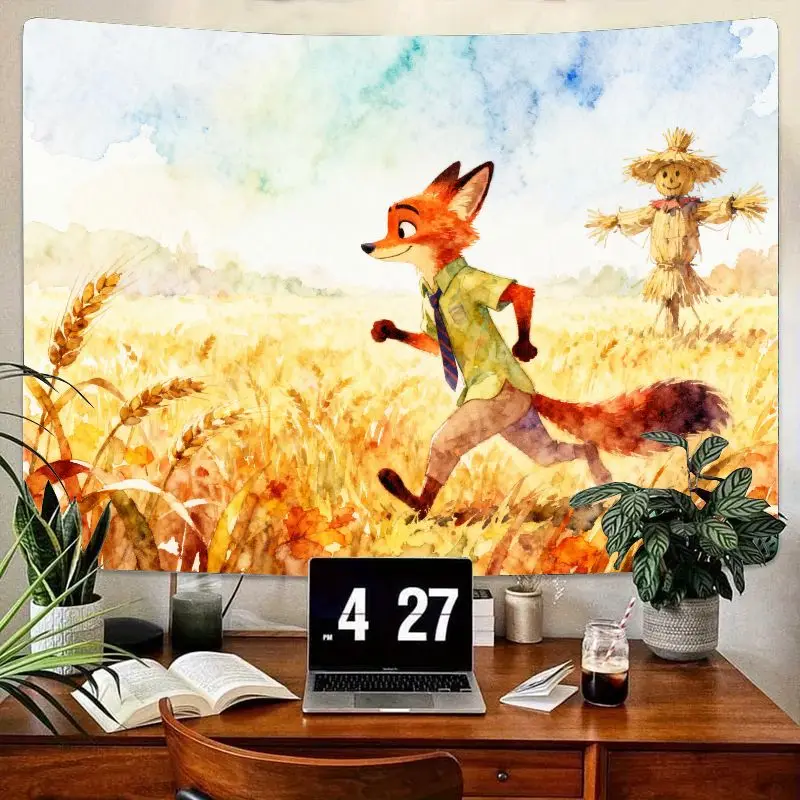 

1 шт., современный акварельный гобелен с лисой бегущей золотой пшеницей, милое настенное искусство с пугалом для эстетического декора спальни, гостиной