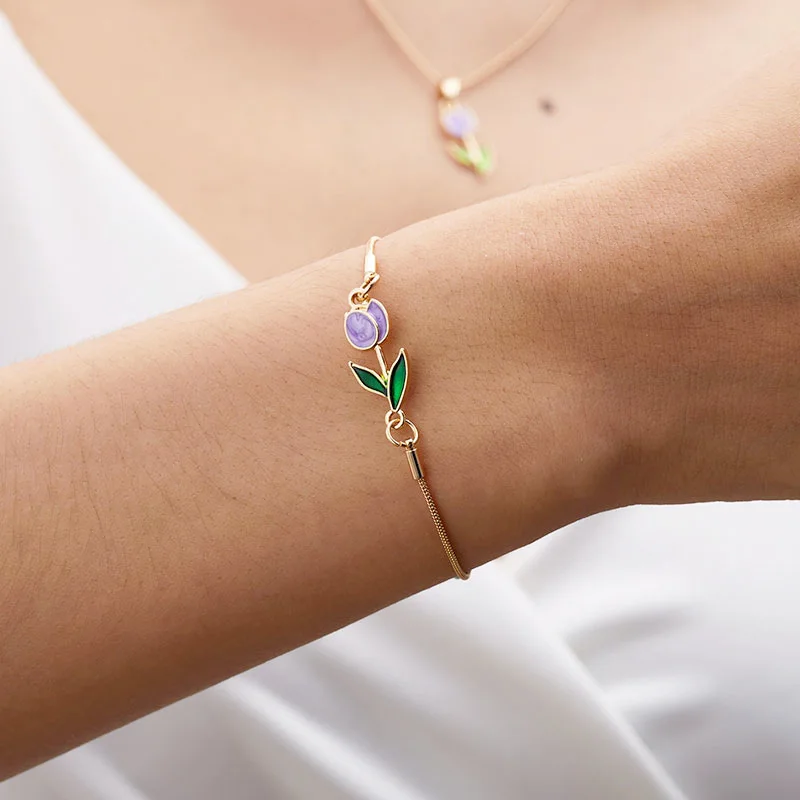 Fresh Purple Enamel Tulip Bracelet Simple Floral Fashion Anklet Jewelry for Girls Lady Mom Birthdat Gifts
