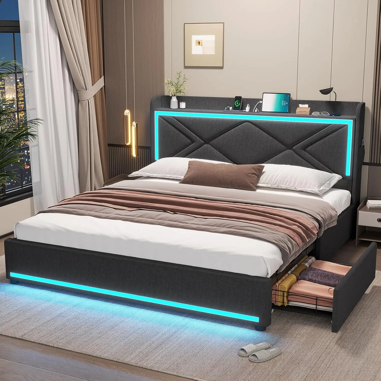 LED Full Bed Frame with Storage Headboard, Type-C & USB Charging Station and 4 Drawers, No Box Spring Needed, Dark Grey