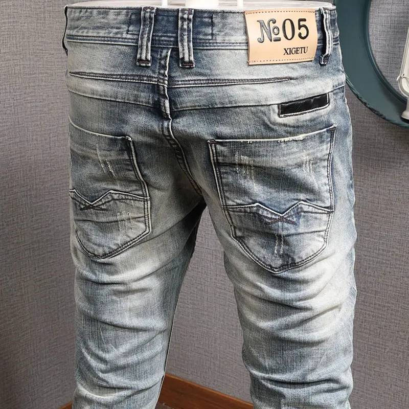 Fashion Designer Men Jeans High Quality Retro Blue Elastic Stretch Slim Fit Ripped Jeans Men Patched Vintage Denim Pants Hombre