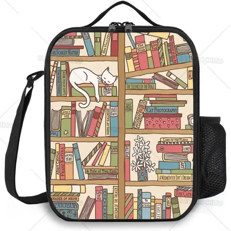 Cat on Bookshelf fiambrera aislada para hombres y mujeres adultos, bolsa de almuerzo reutilizable duradera con bolsillo, bolsa de mano para el trabajo, viaje escolar