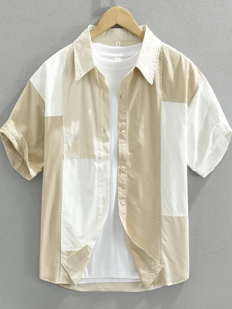 

Мужская повседневная хлопковая рубашка с коротким рукавом, дышащая, тонкая, в японском стиле, с дизайнерскими вставками, однотонная, свободного кроя, летняя.