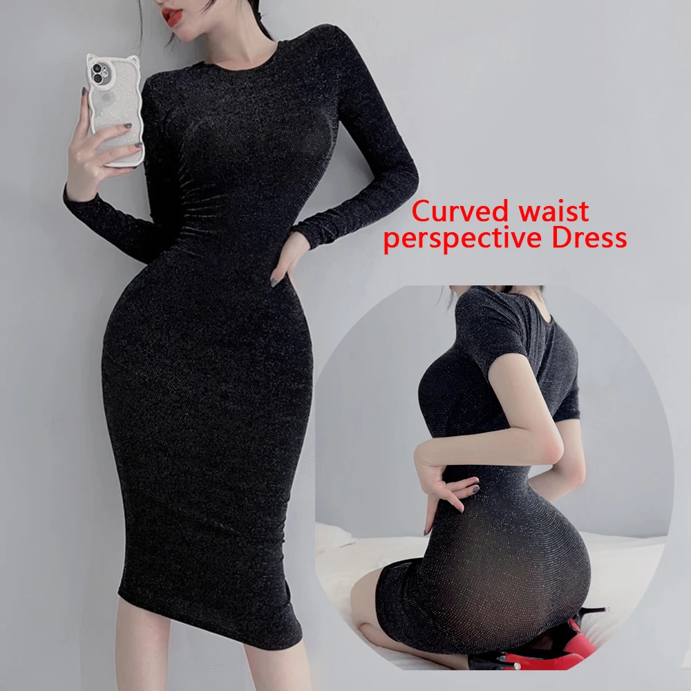 

Sexy Shiny Curved Waist Transparent MIni Dress Women Erotic Tights Nightclub Party Package Hip Dresses