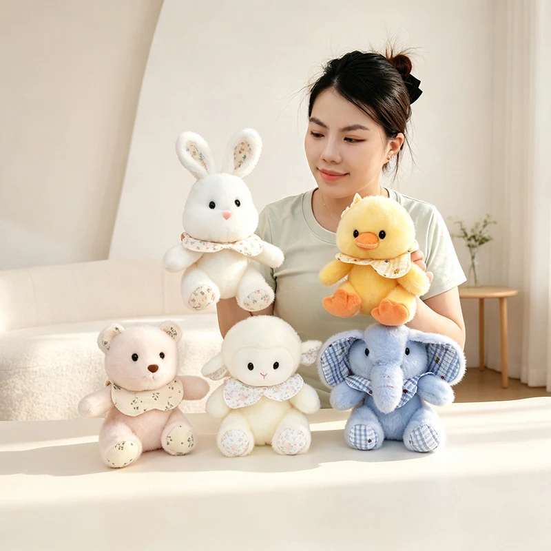 Bear Elephant Duck Plush Doll Choices 20cm Soft Stuffed Animals with Removable Patterned Bibs for Desk Display Collection