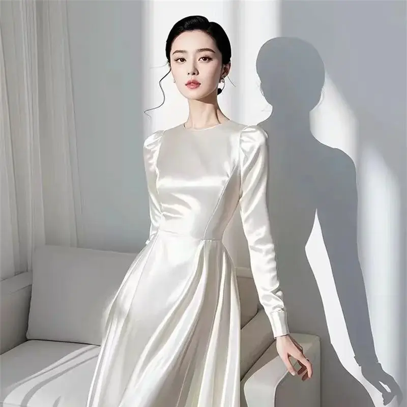 Autumn New French Elegant White Satin Evening Party Dress Women's Formal Dress High Waist A-Line Midi Wedding Prom Vestidos 590P