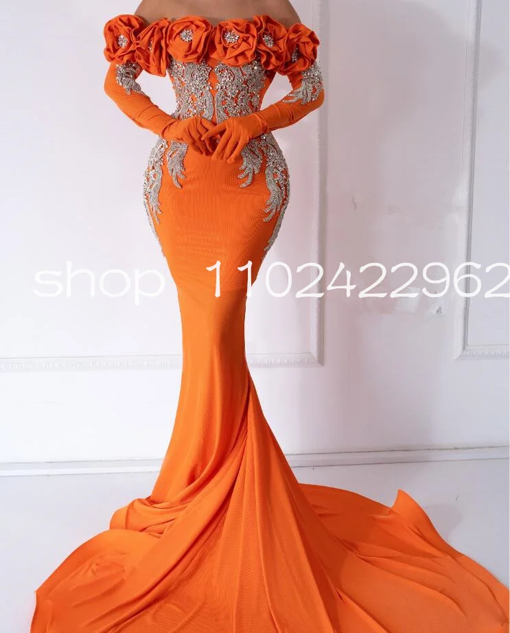 Customized Sparkly Orange Mermaid Long Prom Formal Dress Luxury Crystal Applique Floral Trumpet Garment Evening Gown with Gloves