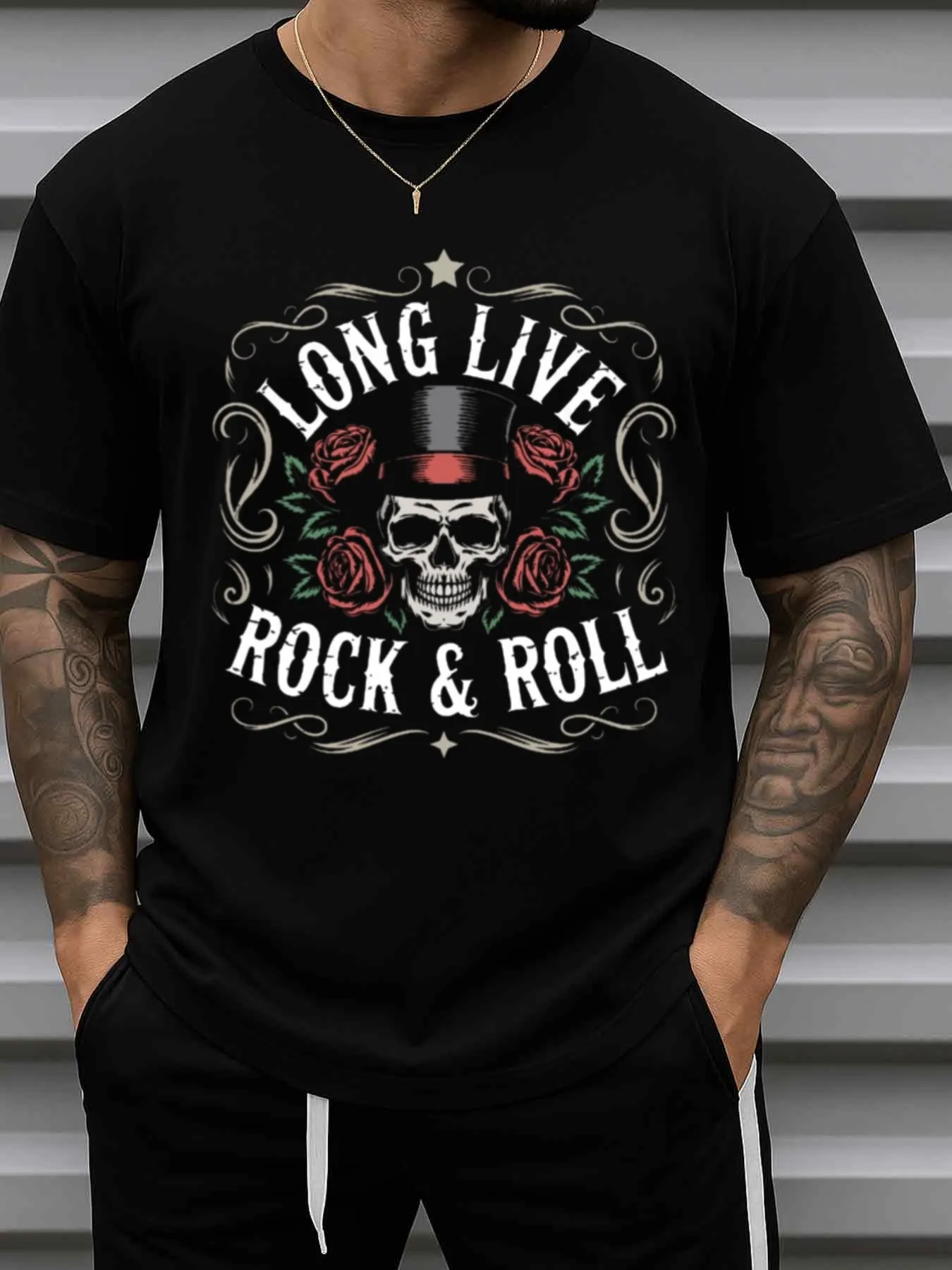 Rock and Roll Skull Music T-Shirt, Pure Black, Round Neck, Short Sleeves, Suitable for All Seasons, Casual Fit, Retro Music Theme, Halloween Gift, Durable Sportswear, Suitable for Daily and Weekend Wear