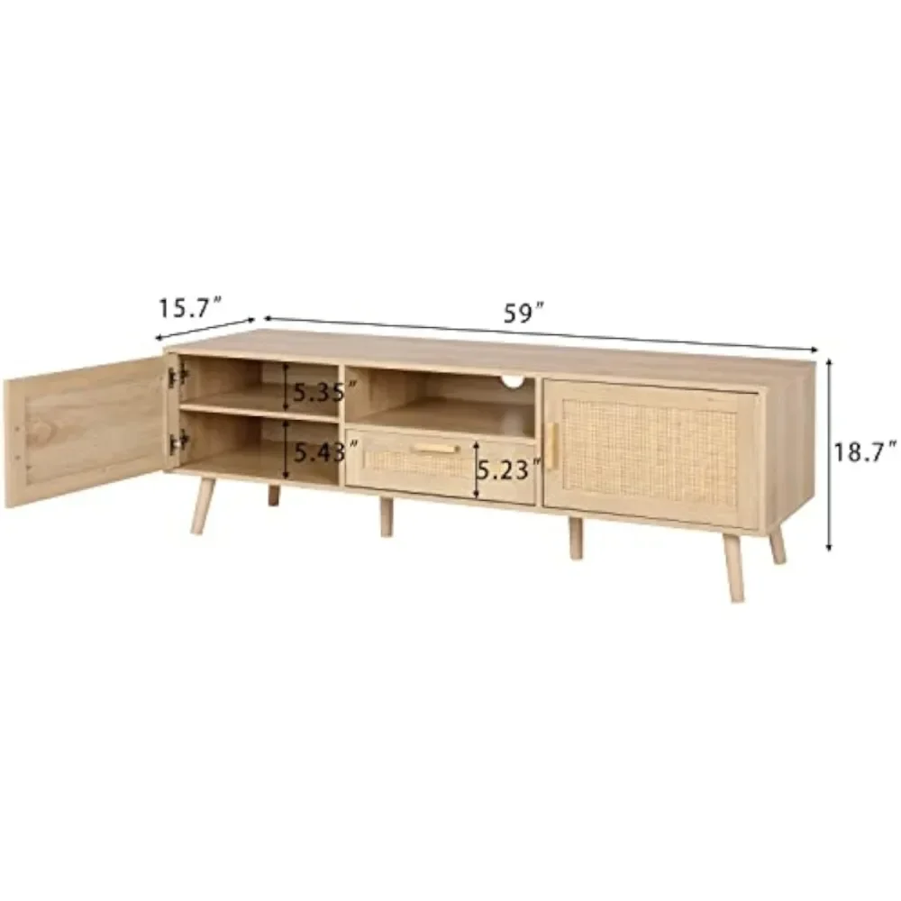 59 Inch TV Stand for Up to 65 Inch Televition, TV Console With 2 Rattan Decor Doors, Living Room TV Table With Storage, Natural