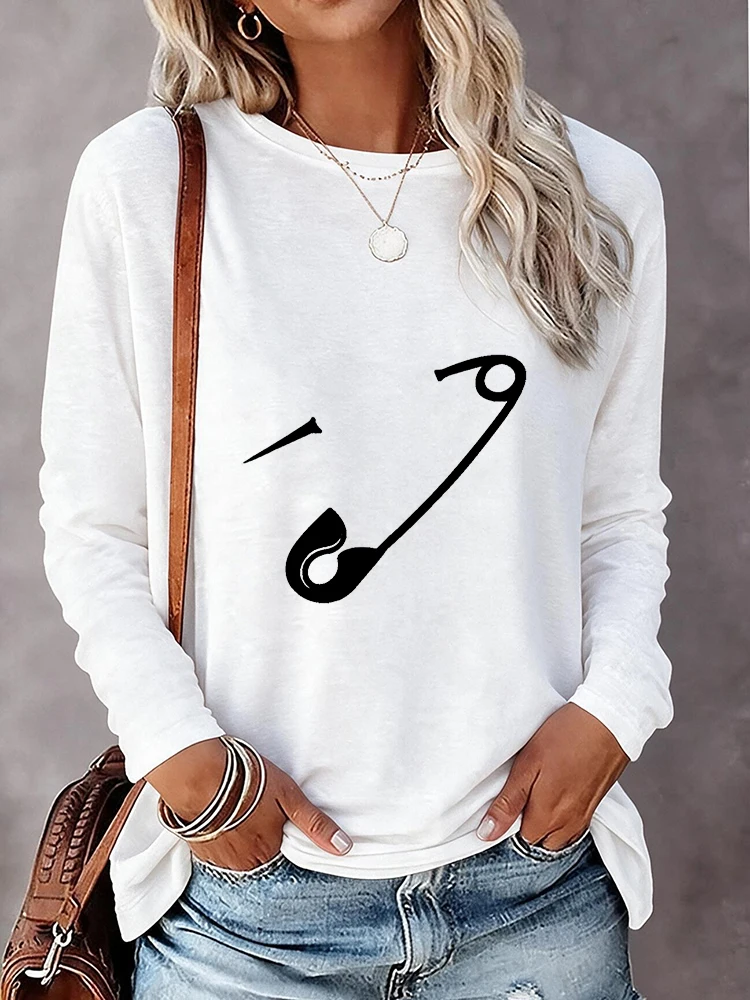 Casual Crew Neck Long Sleeve T Shirt Women's Simple Paper Clip Print T-Shirt Graphic Vintage Tops Clothes Female Outfit Daily