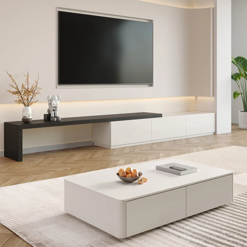 Telescopic TV Cabinet Living Room White Painted Floor TV Cabinet Combination Floor Cabinet