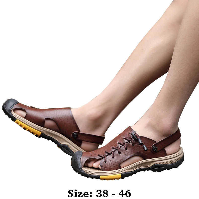 

High quality leather flat sandals for men round toes new summer 2025 size 38 46 casual outdoor walking big size shoe brown khaki