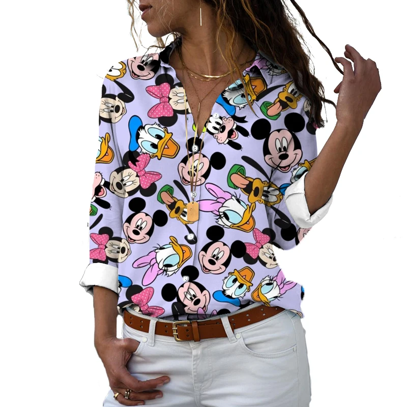 Primavera e outono disney marca mickey e minnie anime 3d impressão harajuku estilo bonito casual topo praia dos desenhos animados camisa