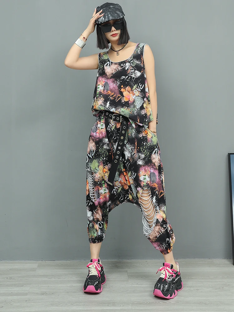 Women's Fashion Personalized Printed Sleeveless Tank Top Elastic Waist Cross-pants Irregular Hole Breaking Loose Two Piece Set