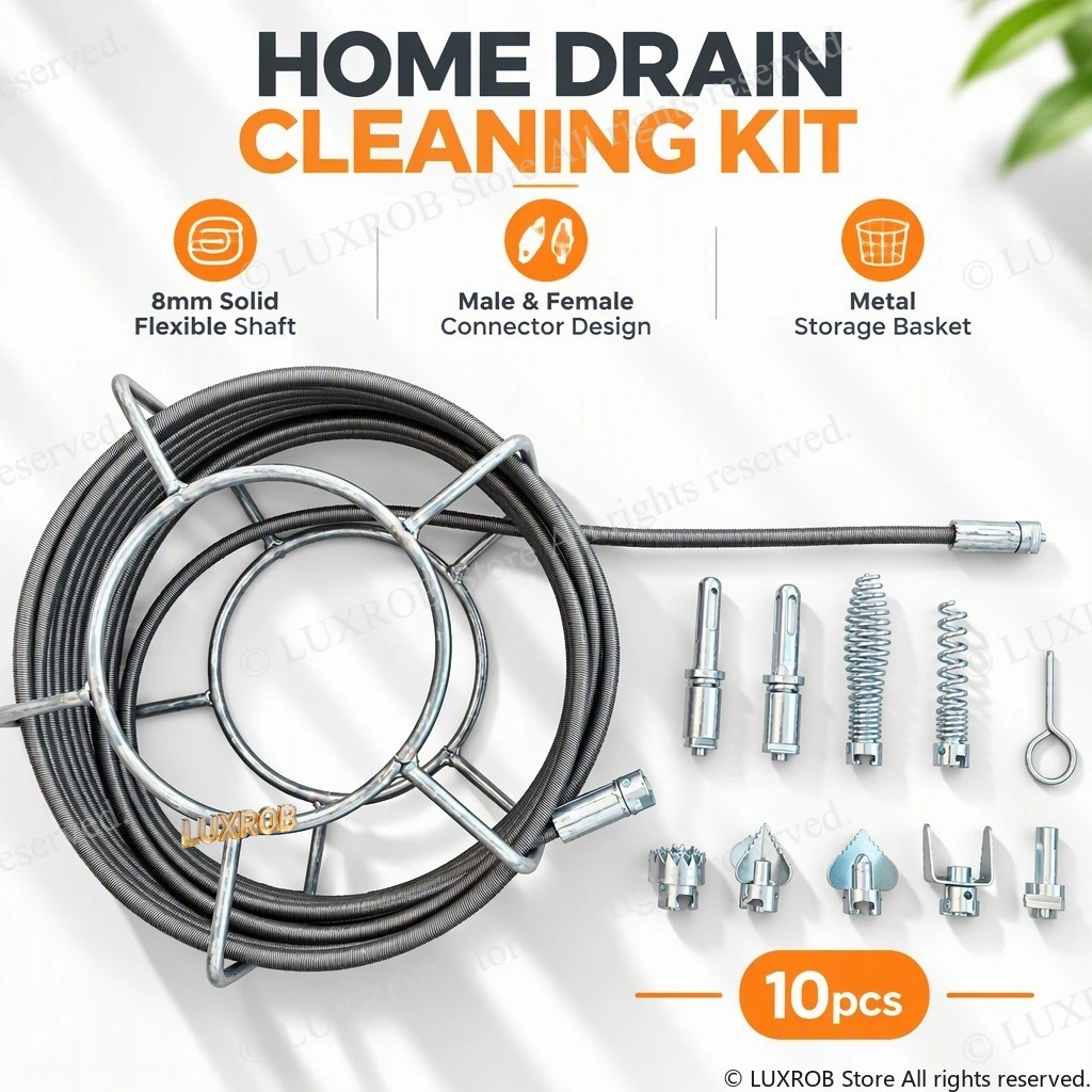 Home Drain Cleaning Snake Kit 8mm 65Mn Flexible Shaft, 6Pcs Multi Cutters, Drill Attachment, Plumbing Pipe Unblocker Tool