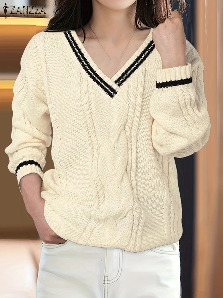 

Stylish Women Sweaters ZANZEA Winter Autumn Jumpers V Neck Long Sleeve Knitted Pullovers Oversize Fashion Patchwork Sweater 2025