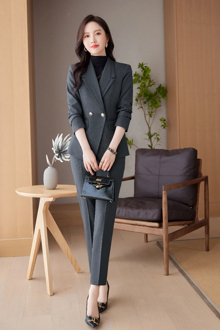 Fashion Professional Women\'s new autumn and winter high-quality long-sleeved suits and trouser suits show elegant temperament