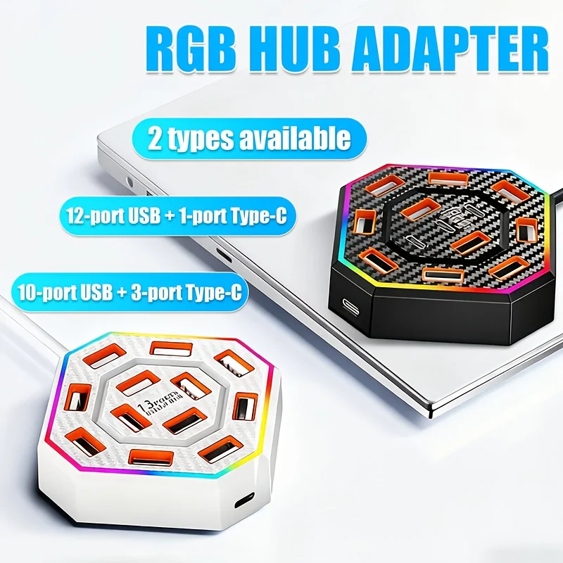 RGB 13 Port USB Hub 2.0 Splitter Multi USB Type C Docking Station Laptop Desktop Extender Adapter With Color Light