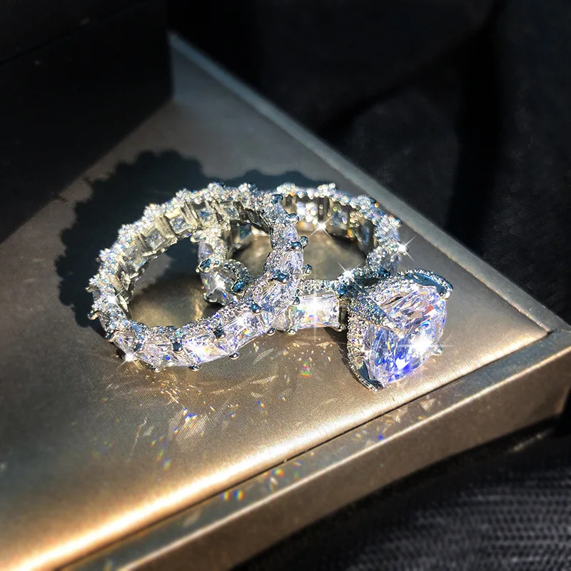 2021 NEW S925 Big Bling Zircon Stone Color Rings for Women Wedding Engagement Christmas Present Fashion Jewelry Wholesale