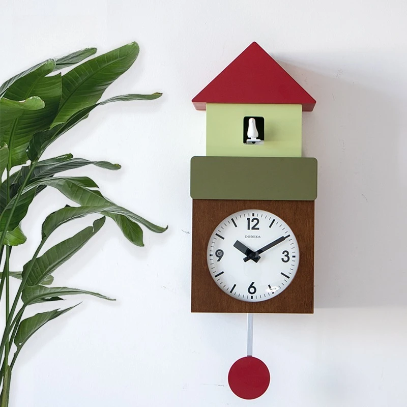 Wooden Cuckoo Wall Clock Colorful House Shape Silent Quartz Desk Clock with Swing Pendulum Bird Sound Clocks Living Room Decor