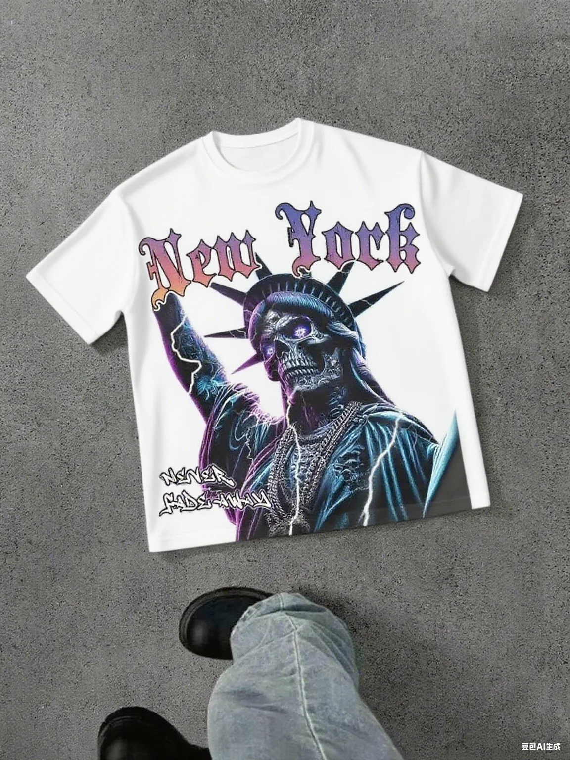 Pure Cotton Short - Sleeve Tee, Unique New York Skull Statue of Liberty Print, Edgy Streetwear, Soft Fabric for Casual Looks