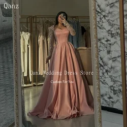 Qanz Luxury Saudi Arabia Evening Dresses Sweetheart Pink Satin with Jacket Party Gown Pearls Sequined Pageant Dress Customized