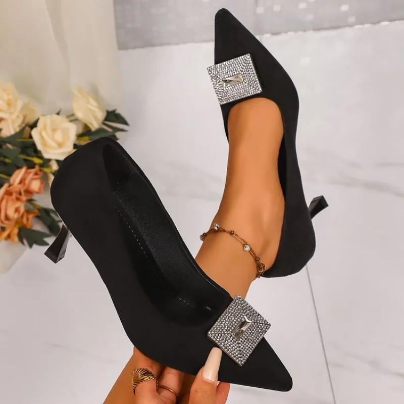 

2026 New French Women's Slim Work Shoes Rhinestone Square Buckle High Heels Black Pointed Toe Temperament Single Shoes
