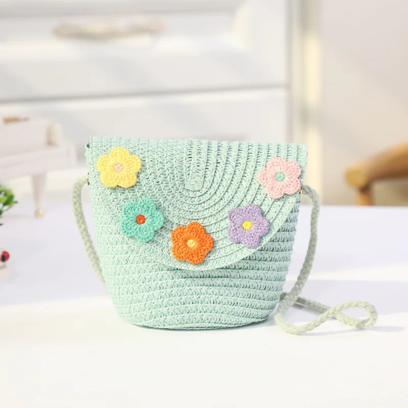 Cute Flower Children's Woven Crossbody Bag Lovely Bowknot Baby Girls Straw Shoulder Bags Sweet Kids Coin Purse Beach Handbags