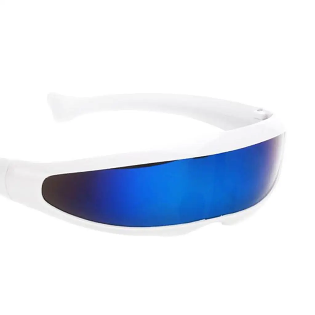 Gespiegelte Single Lens Visier Sonnenbrille Cosplay Brille, weißer Rahmen blau gespiegelt, wie beschrieben