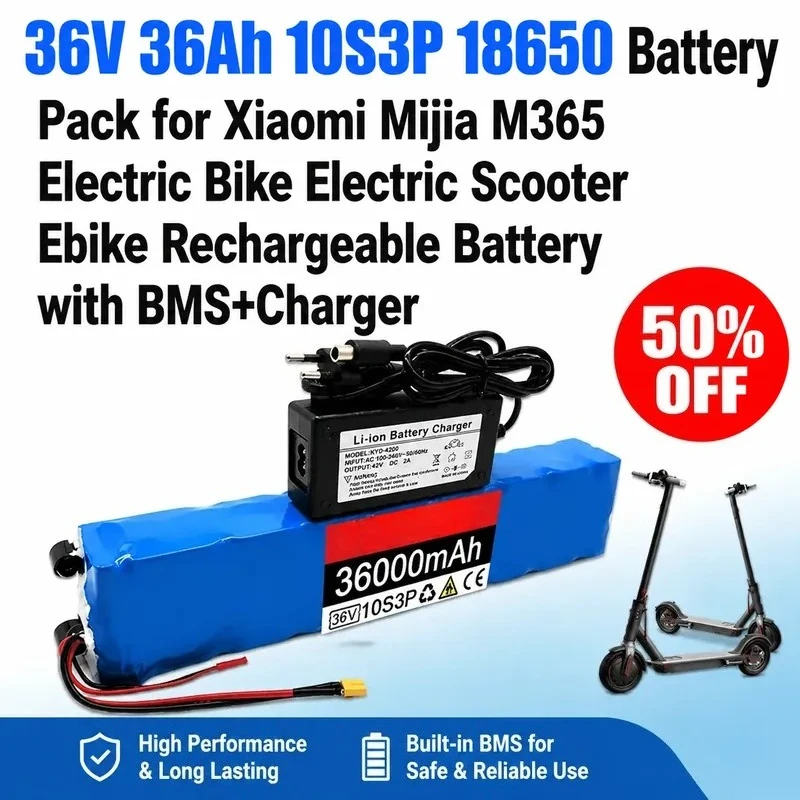 

36V 36Ah 10S3P 18650 Battery Pack for Xiaomi Mijia M365 Electric Bike Electric Scooter Ebike Rechargeable Battery BMS+Charger