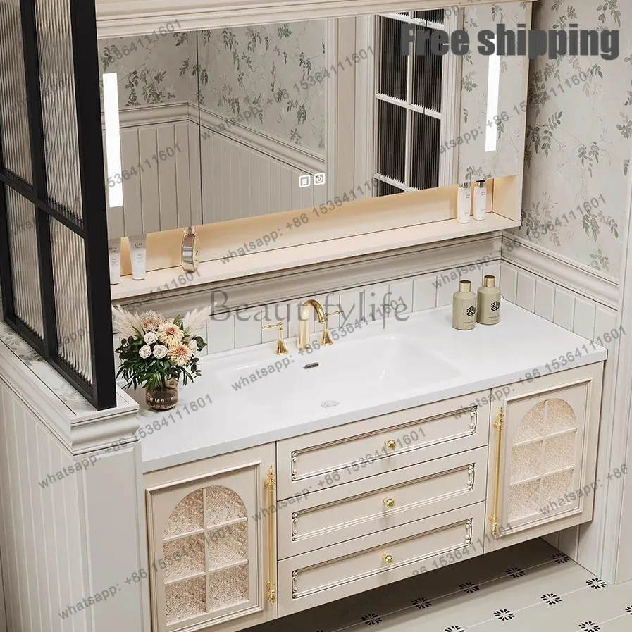 LDFrench Retro Bathroom Cabinet Rock Slab Seamless Integrated Basin Combination Bathroom Storage Washbasin Furniture