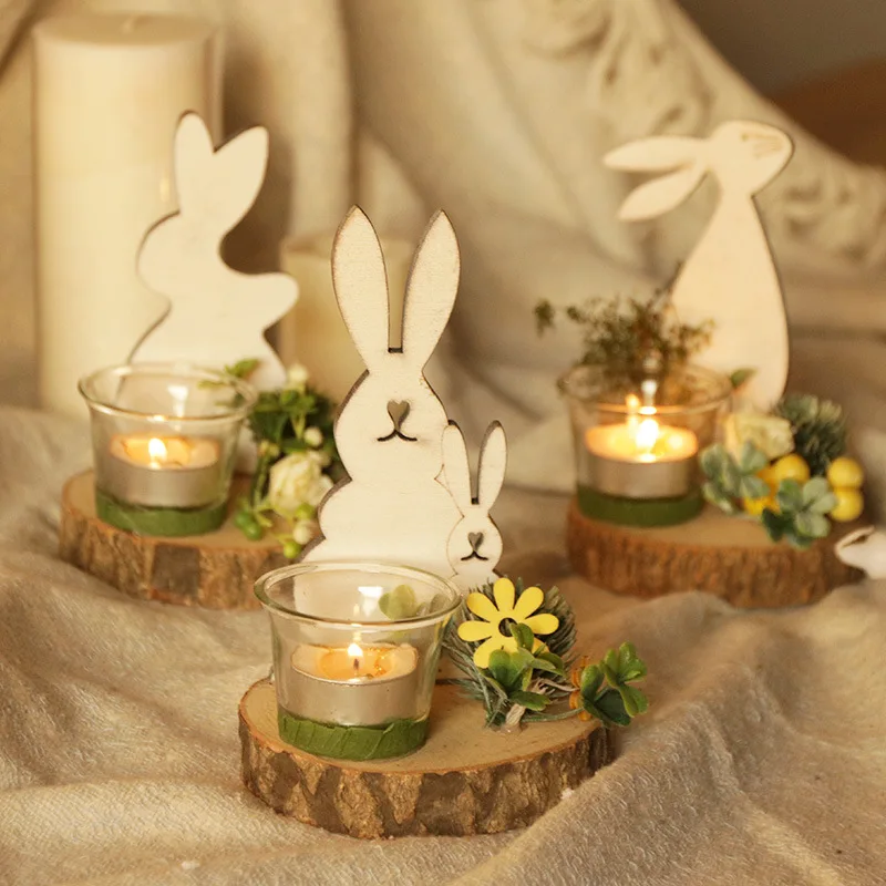 Natural Plant Nordic Wooden Rabbit Creative Glass Candle Holder Home Decoration Ornaments Decorations For Home