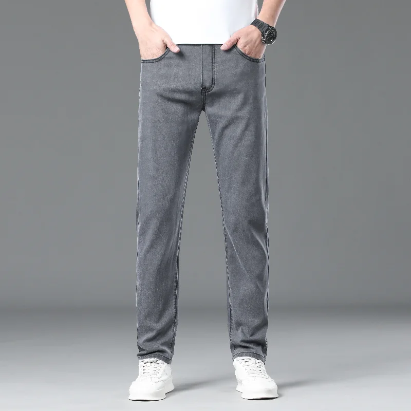Pantalones vaqueros suaves Tencel gris ahumado para hombre, pantalones largos informales finos de verano para hombre, pantalones holgados rectos de marca de moda de alta gama para hombre