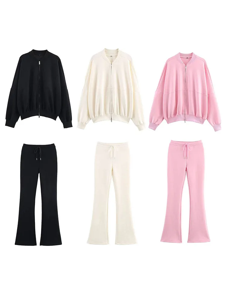 

HH Женское осеннее повседневное свободное пальто на молнии с длинными рукавами + высокая талия с застежкой-молнией, однотонные тонкие расклешенные длинные брюки, уличный комплект из 2 предметов