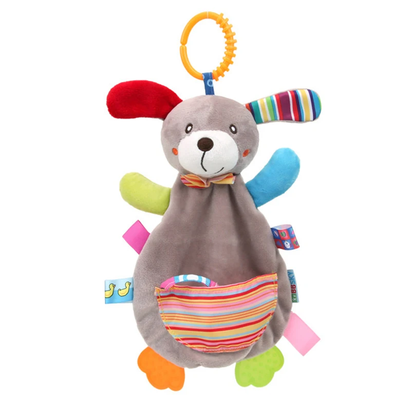 Manta de seguridad para bebé, perro con etiquetas, sonajeros mordedores, manta suave móvil, juguete acogedor, Animal relleno para bebés, regalo para recién nacidos