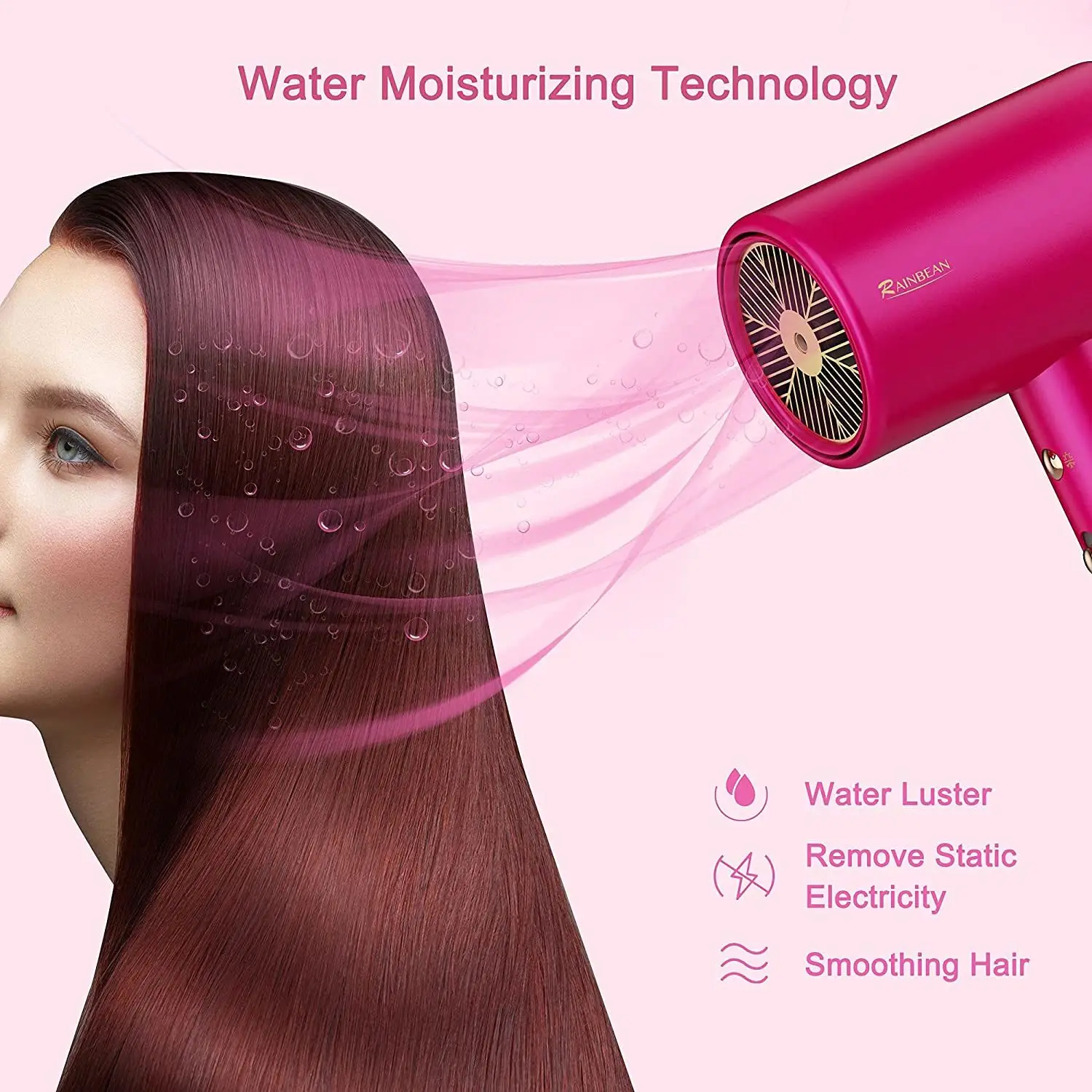 Water Ionic Hair Dryer, 1800W Blow Dryer with Magnetic Nozzle, 2 Speed and 3 Heat Settings, Powerful Low Noise Fast Drying Trave