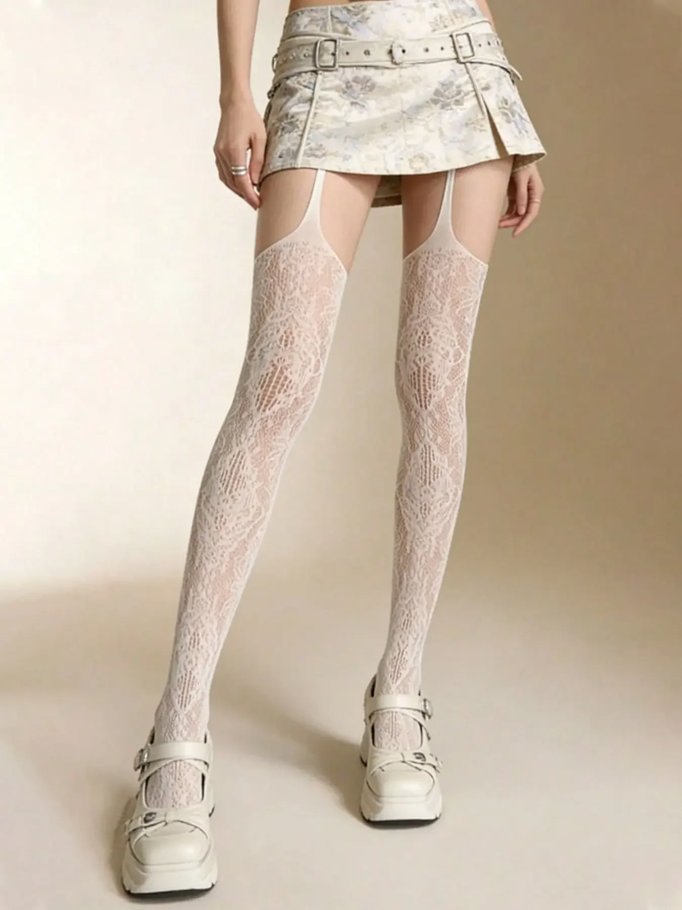3 Pairs Floral Strappy Fishnet Stockings, Sexy Garter Lingerie, Comfortable Daily Wear, Party Applicable, Mid Waist, Geometric Pattern