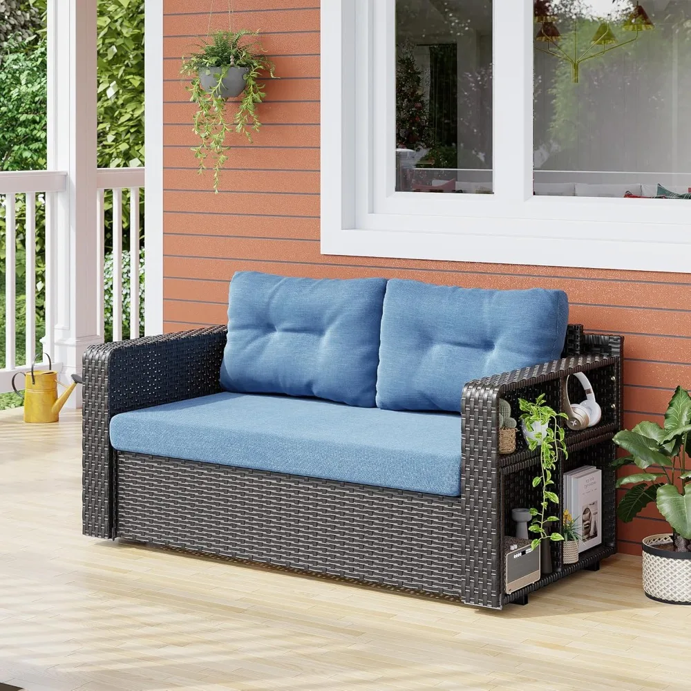 

Patio Wicker Sofa with Foldable Long Table, Outdoor Rattan Couch Furniture Steel Frame with Deep Seat High Back and Blue Cushion