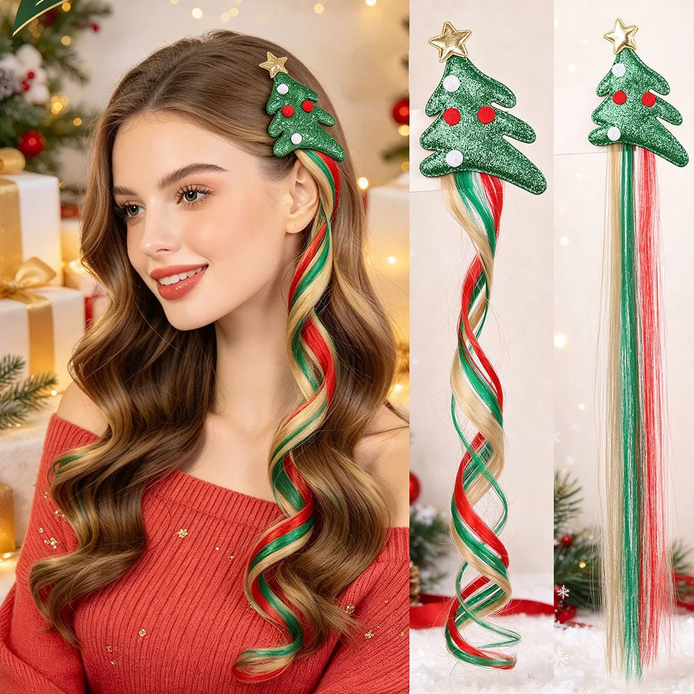 Christmas Tree Glitter Duck Bill Hair Extension Clips Synthetic Hair Red Green Gold for Women Kids Xmas Party Hair Accessories
