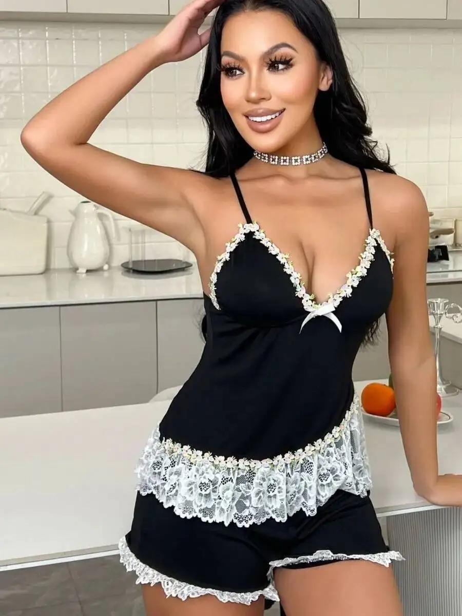 Strappy السراويل مجموعات Casaul أنيقة نمط الخامس الرقبة الدانتيل المرقعة مثير المتسكعون الدانتيل المشذبة Bowknot السراويل مجموعات ملابس النوم 5US6 #3