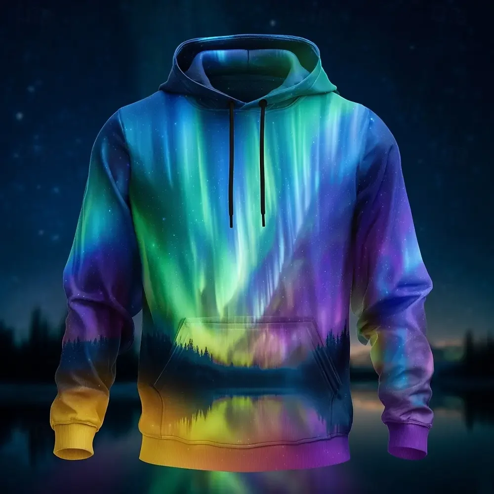 Men Aurora Borealis 3D Print Hoodie Polyester Long Sleeve Pocket Northern Lights Lake Forest Casual Pullover Sweatshirt