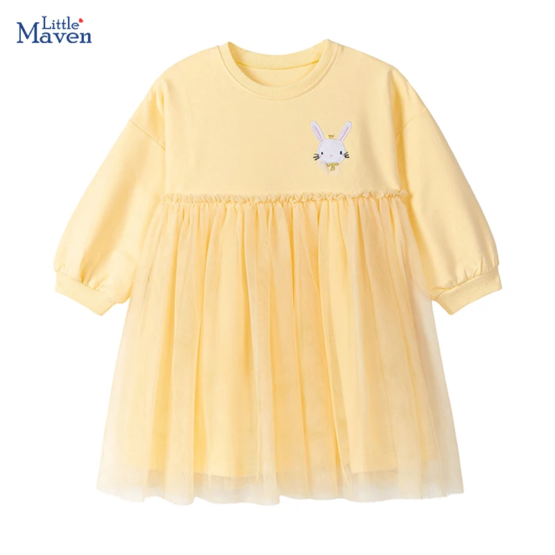 

Little maven Baby Girls 2025 New Autumn Spring Children's Clothing Cartoon Rabbits Long Sleeve Striped Dress for Kids Clothes