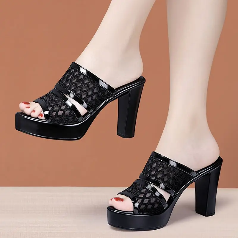 10cm Big Small Size 32-43 Cutout Bright Leather Slippers Summer Platform Shoes 2023 Block High Heels Slides for Office Model