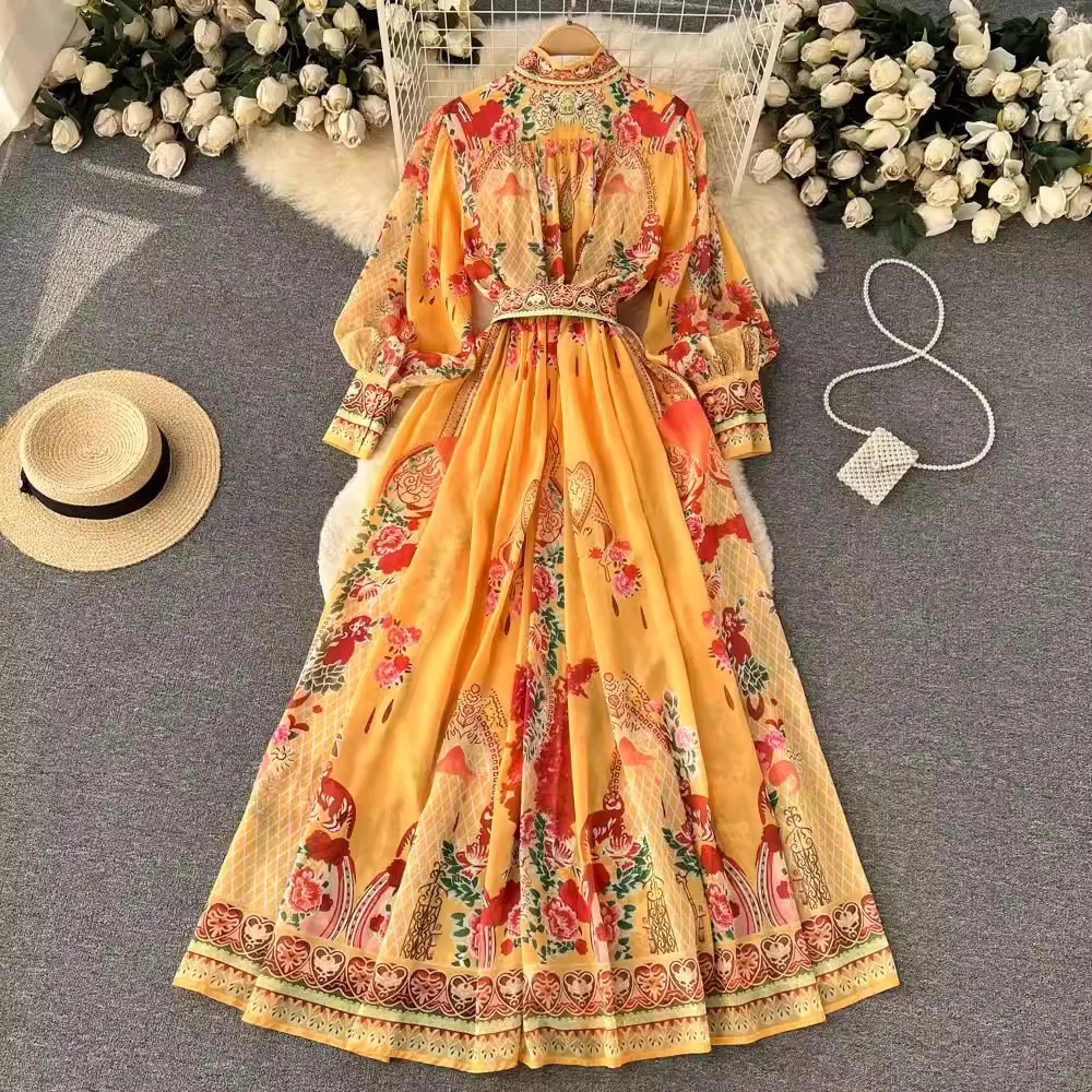 Spring Clothing French Retro Stand Up Collar Bubble Sleeve Printed Dress Women's Ethnic Style Big Swing Long Streetwear Dress