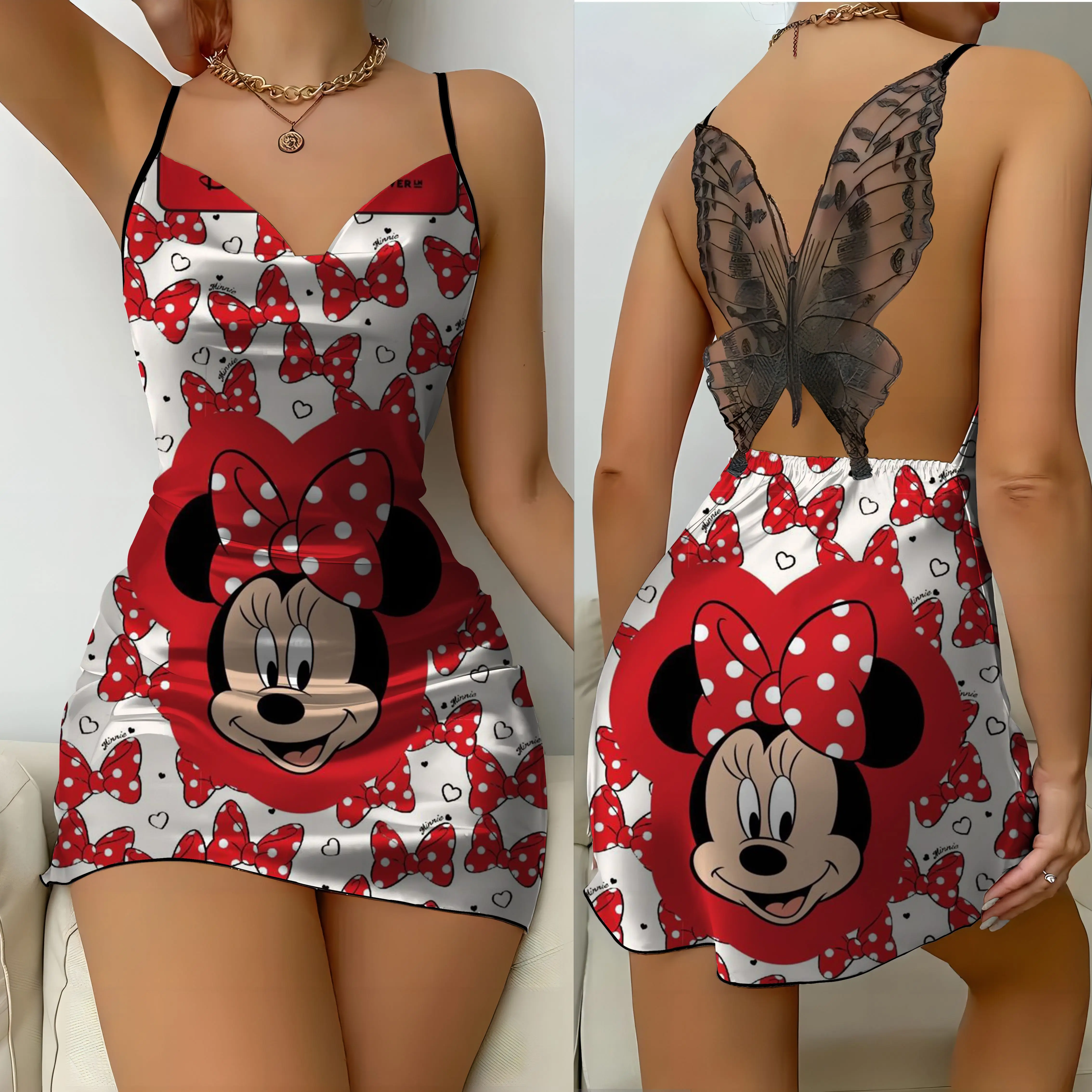 Women\'s Summer Dress Satin Surface Bow Knot Mickey Disney Sexy Dresses Minnie Mouse Womens Fashion 2024 Elegant Mini Lace Disney