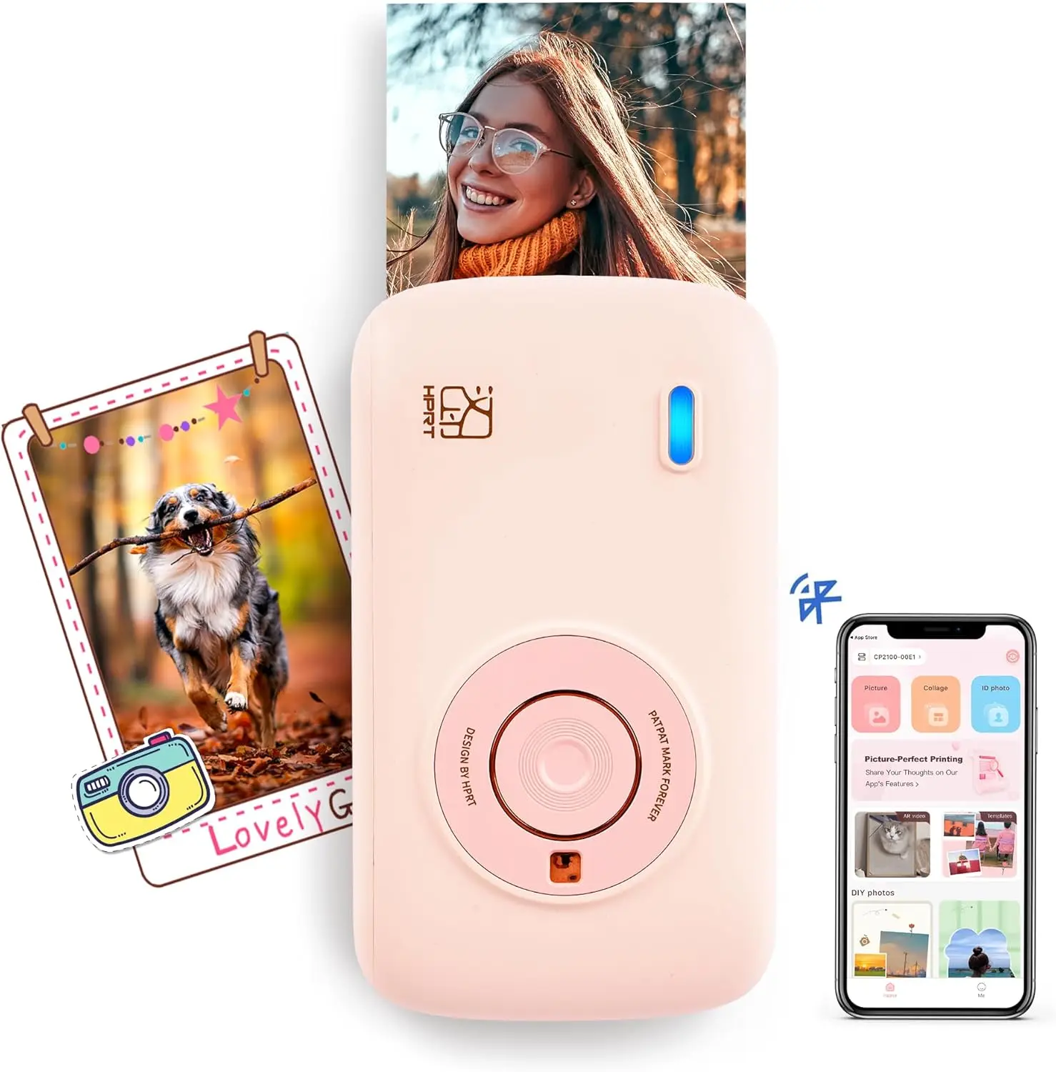 HPRT CP2100 Portable Photo Printer for iPhone & Android, 2.1x3.4 Mini Instant Color Printer, Bluetooth 5.0, Type-C Charging Pink