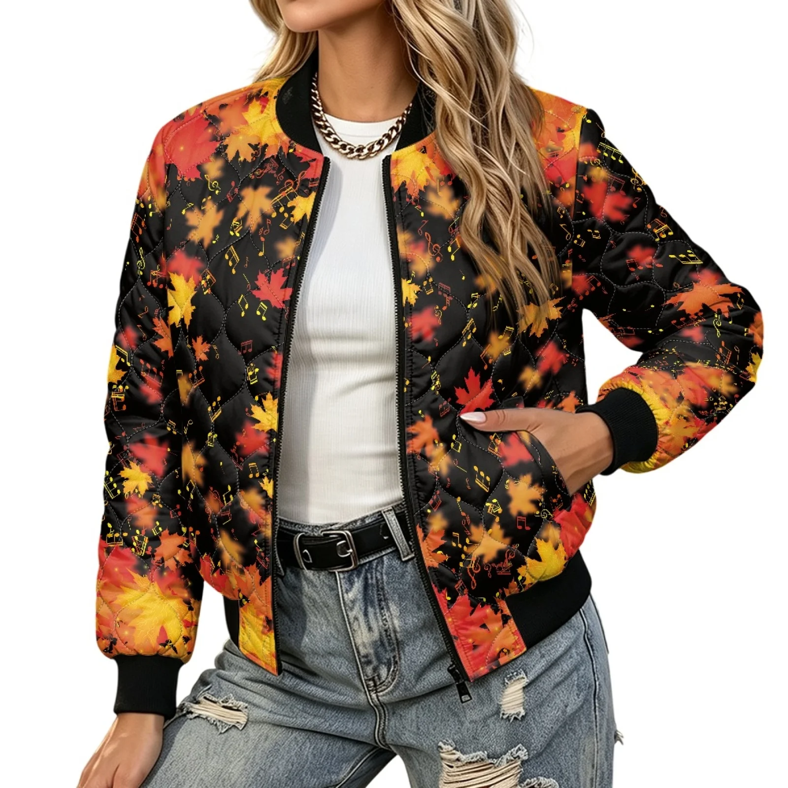 PENSTROLL Maple Leaf Ladies Short Cropped Padded Zip up Outer Coat Cozy Winter Quilted Jackets for Fall