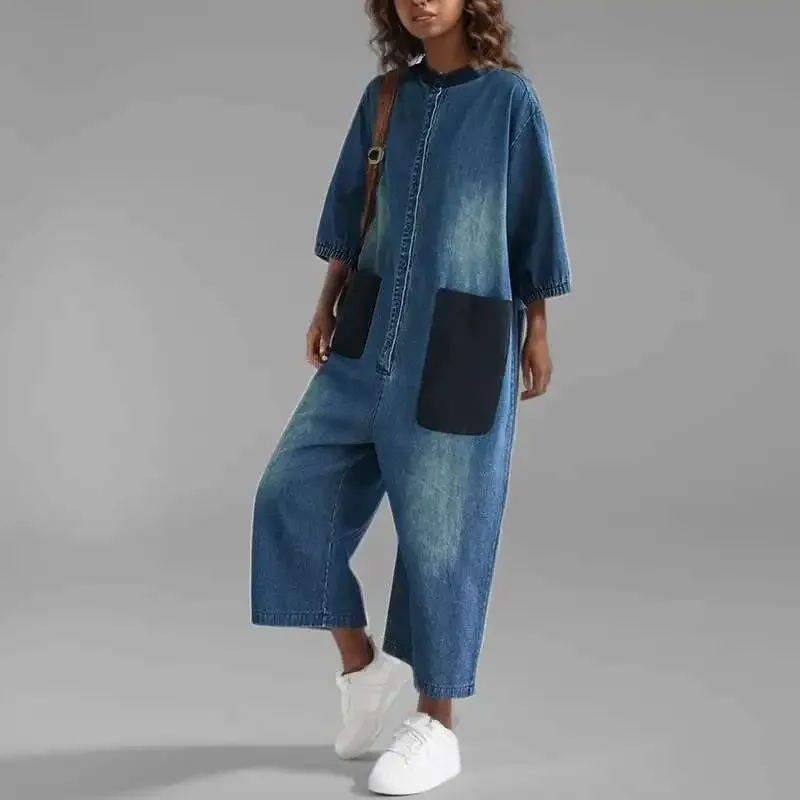 แฟชั่นผู้หญิง Patchwork กระเป๋า DENIM Jumpsuits สินค้าใหม่ O-คอเดี่ยวยืดหยุ่นแขนสั้นกางเกง