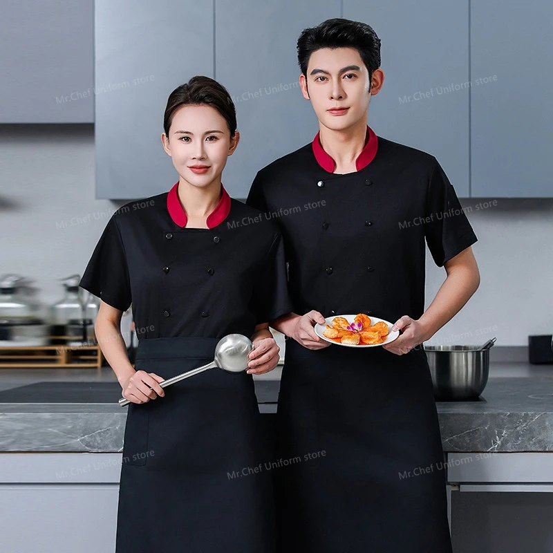 سترة الطاهي السوداء للمطاعم بأكمام قصيرة زي الشيف معطف الطبخ تي شيرت الشيف بيكر زي العمل النادل ملابس الفنادق شعار النساء